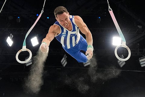 Eleftherios Petrounias competes during gymnastics individual rings finals